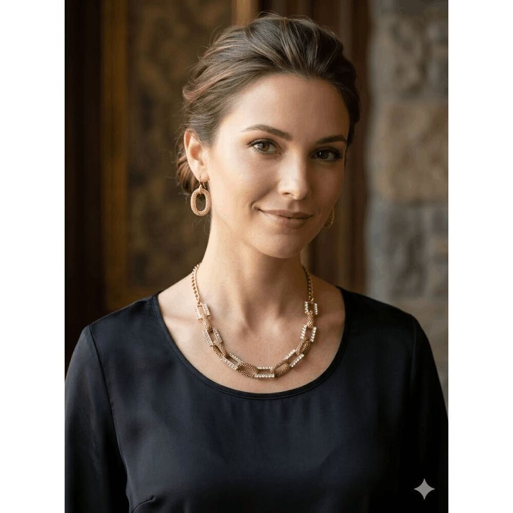 Gold Tone Vintage Style Chain Mesh Link Rhinestone Statement Necklace Earring Se